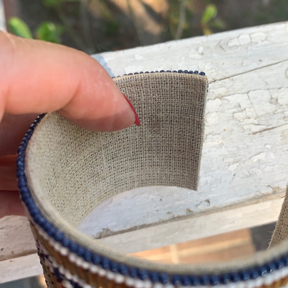 Blue & Gold Beaded Cloth & Metal Cuff Bracelet - Picture 9 of 17
